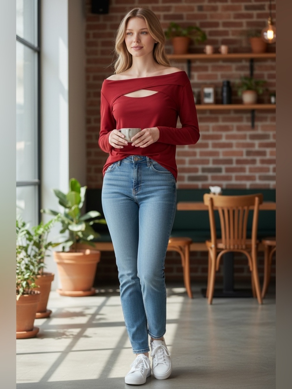 Off-Shoulder Keyhole Tunic Top in Deep Red